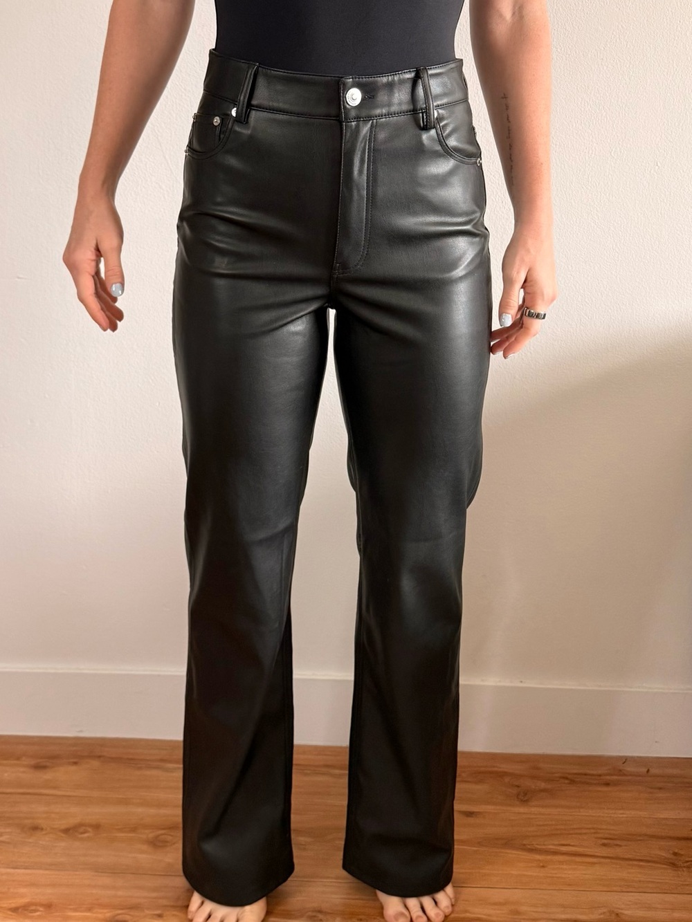Zara Black Faux Leather Straight-Leg Trousers - Picture 1 of 4